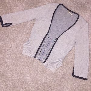 Free People gray zip cardi/ribbed hem/piping/bling